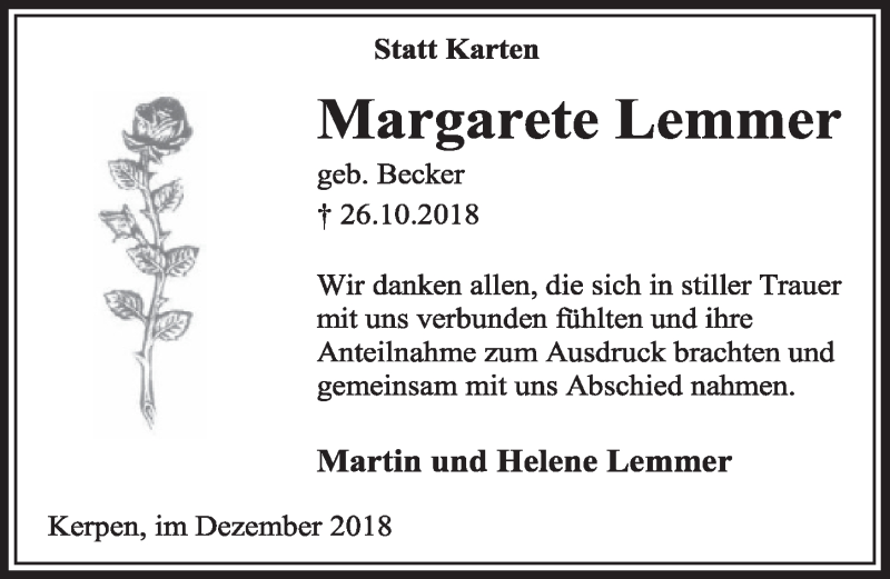  Traueranzeige für Margarete Lemmer vom 08.12.2018 aus  Sonntags-Post 