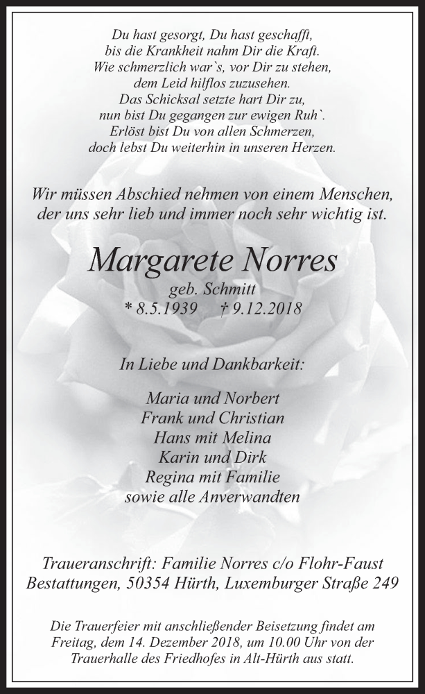  Traueranzeige für Margarete Norres vom 12.12.2018 aus  Wochenende 