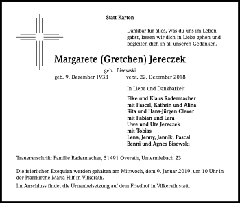 Anzeige von Margarete Gretchen Jereczek von Kölner Stadt-Anzeiger / Kölnische Rundschau / Express