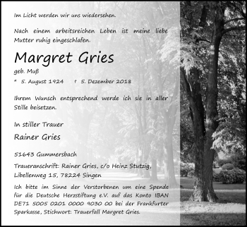 Anzeige von Margret Gries von Kölner Stadt-Anzeiger / Kölnische Rundschau / Express