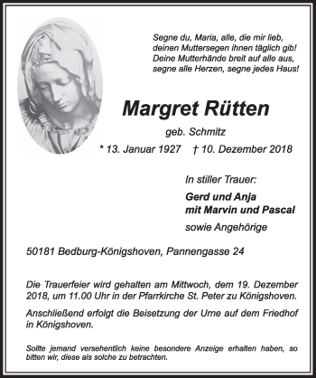 Anzeige von Margret Rütten von  Sonntags-Post 