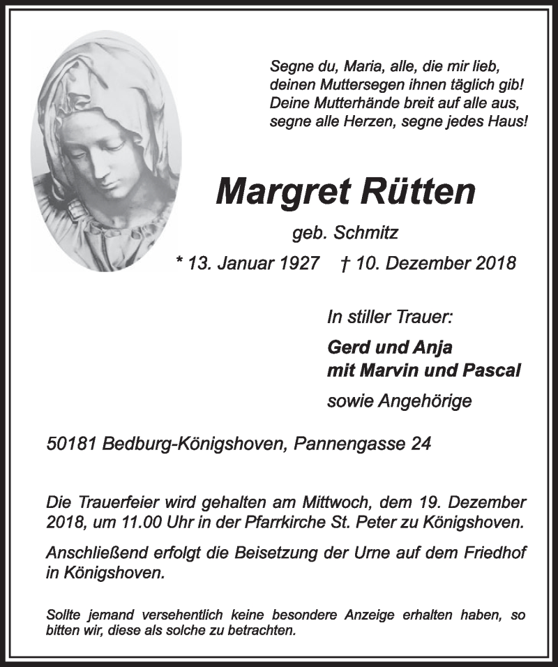  Traueranzeige für Margret Rütten vom 15.12.2018 aus  Sonntags-Post 