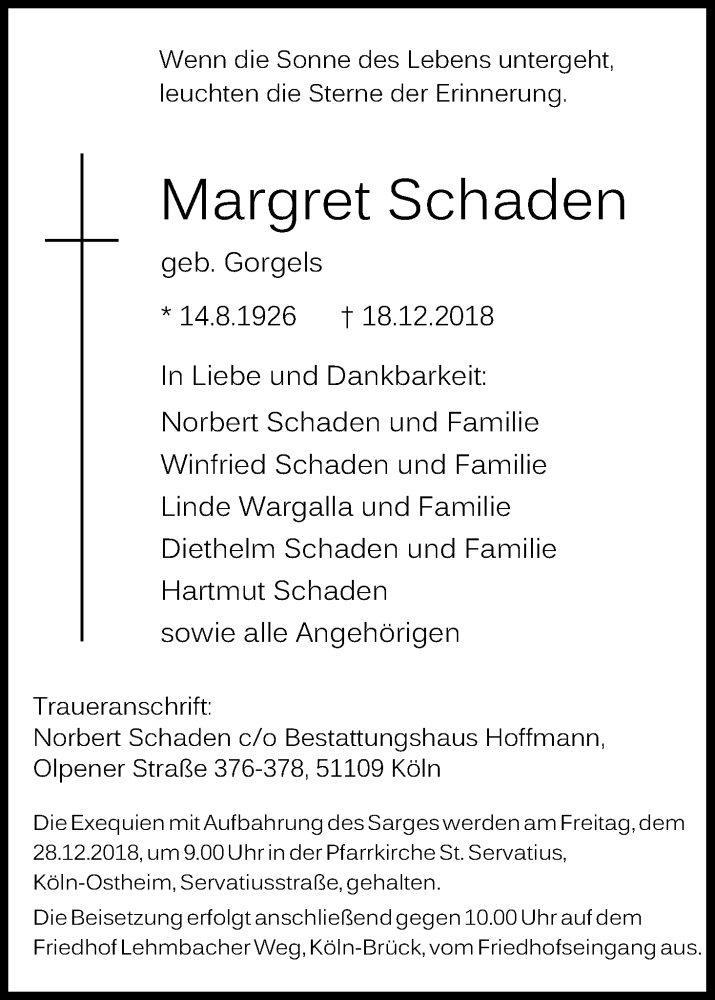  Traueranzeige für Margret Schaden vom 22.12.2018 aus Kölner Stadt-Anzeiger / Kölnische Rundschau / Express