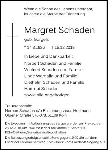 Anzeige von Margret Schaden von Kölner Stadt-Anzeiger / Kölnische Rundschau / Express