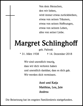 Anzeige von Margret Schlinghoff von Kölner Stadt-Anzeiger / Kölnische Rundschau / Express
