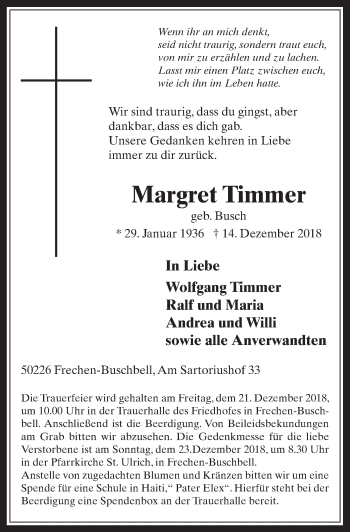 Anzeige von Margret Timmer von  Wochenende 