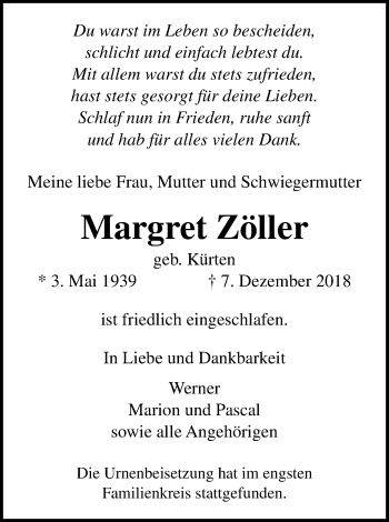 Anzeige von Margret Zöller von Kölner Stadt-Anzeiger / Kölnische Rundschau / Express