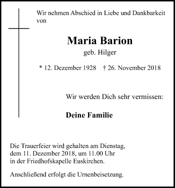 Anzeige von Maria Barion von Kölner Stadt-Anzeiger / Kölnische Rundschau / Express