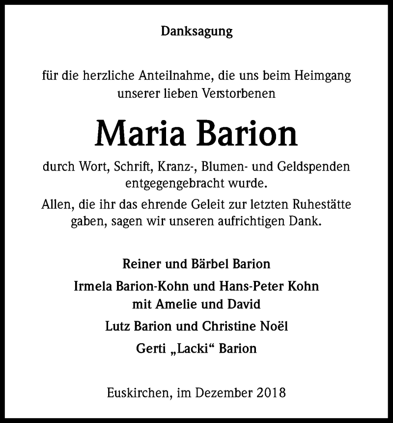  Traueranzeige für Maria Barion vom 28.12.2018 aus Kölner Stadt-Anzeiger / Kölnische Rundschau / Express