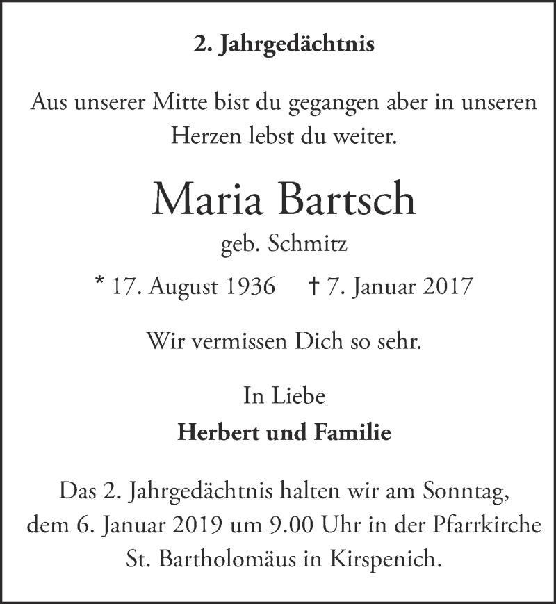  Traueranzeige für Maria Bartsch vom 29.12.2018 aus  Blickpunkt Euskirchen 