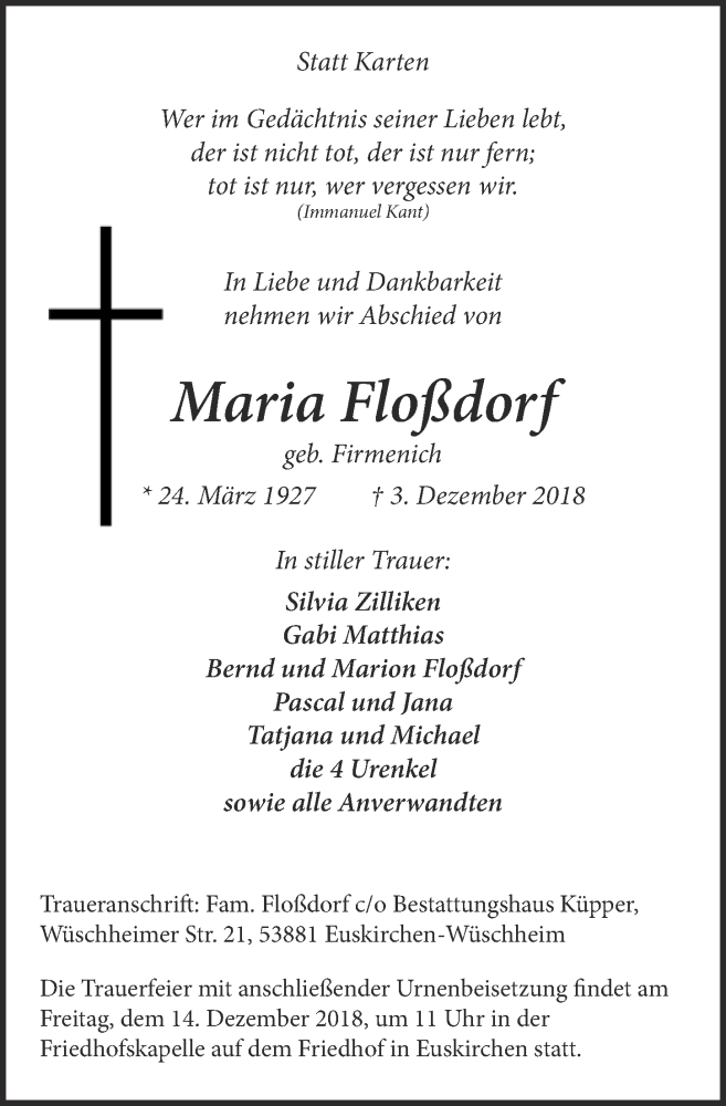  Traueranzeige für Maria Floßdorf vom 08.12.2018 aus  Blickpunkt Euskirchen 
