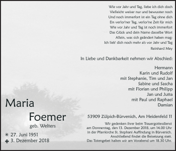 Anzeige von Maria Foemer von  Blickpunkt Euskirchen 