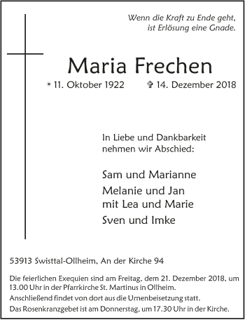 Anzeige von Maria Frechen von  Schaufenster/Blickpunkt 