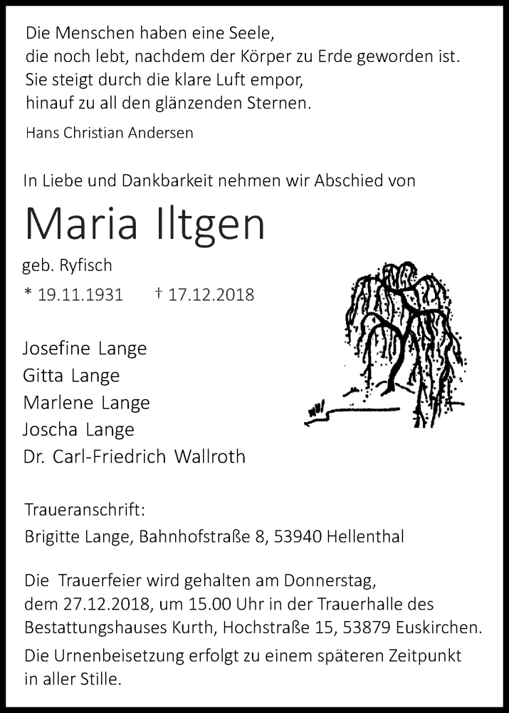  Traueranzeige für Maria Iltgen vom 22.12.2018 aus Kölner Stadt-Anzeiger / Kölnische Rundschau / Express