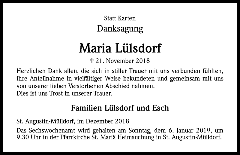  Traueranzeige für Maria Lülsdorf vom 15.12.2018 aus Kölner Stadt-Anzeiger / Kölnische Rundschau / Express