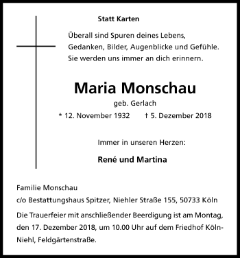 Anzeige von Maria Monschau von Kölner Stadt-Anzeiger / Kölnische Rundschau / Express