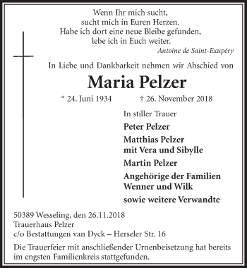Anzeige von Maria Pelzer von  Schlossbote/Werbekurier 