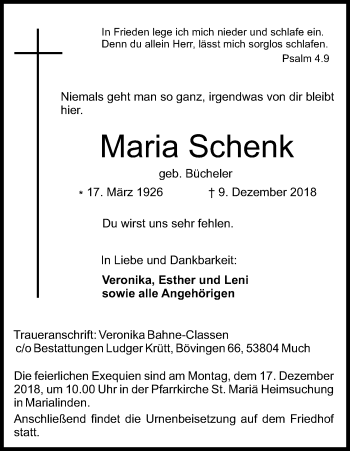 Anzeige von Maria Schenk von Kölner Stadt-Anzeiger / Kölnische Rundschau / Express
