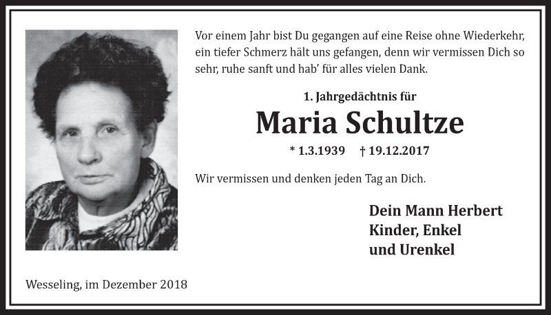  Traueranzeige für Maria Schultze vom 19.12.2018 aus  Schlossbote/Werbekurier 