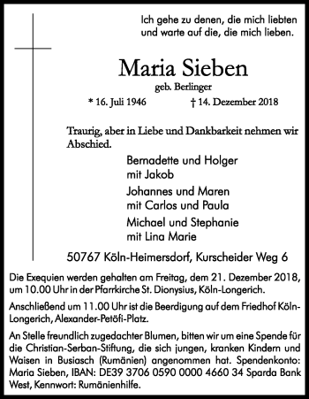 Anzeige von Maria Sieben von Kölner Stadt-Anzeiger / Kölnische Rundschau / Express