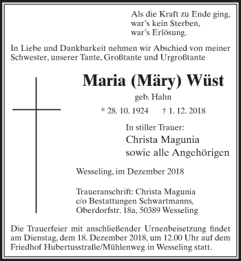 Anzeige von Maria  Wüst von  Schlossbote/Werbekurier 