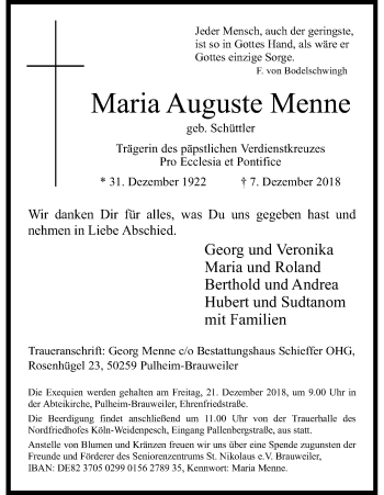 Anzeige von Maria Auguste Menne von Kölner Stadt-Anzeiger / Kölnische Rundschau / Express