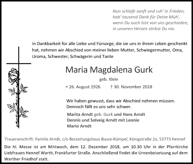  Traueranzeige für Maria Magdalena Gurk vom 08.12.2018 aus Kölner Stadt-Anzeiger / Kölnische Rundschau / Express