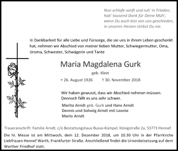 Anzeige von Maria Magdalena Gurk von Kölner Stadt-Anzeiger / Kölnische Rundschau / Express