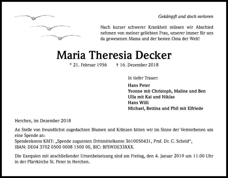  Traueranzeige für Maria Theresia Decker vom 22.12.2018 aus Kölner Stadt-Anzeiger / Kölnische Rundschau / Express
