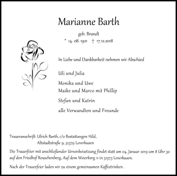 Anzeige von Marianne Barth von Kölner Stadt-Anzeiger / Kölnische Rundschau / Express