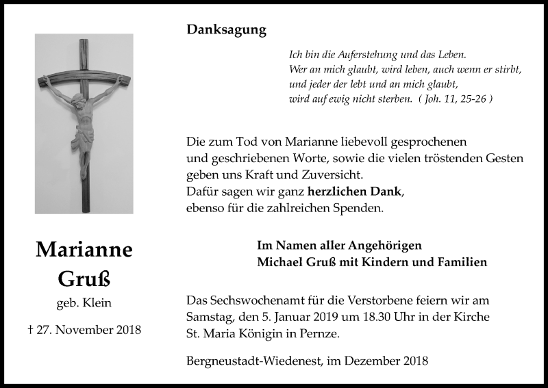  Traueranzeige für Marianne Gruß vom 29.12.2018 aus Kölner Stadt-Anzeiger / Kölnische Rundschau / Express