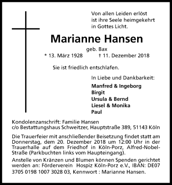 Anzeige von Marianne Hansen von Kölner Stadt-Anzeiger / Kölnische Rundschau / Express