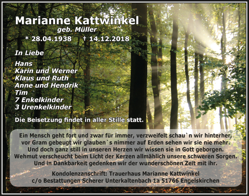  Traueranzeige für Marianne Kattwinkel vom 19.12.2018 aus  Anzeigen Echo 