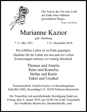 Anzeige von Marianne Kazior von Kölner Stadt-Anzeiger / Kölnische Rundschau / Express