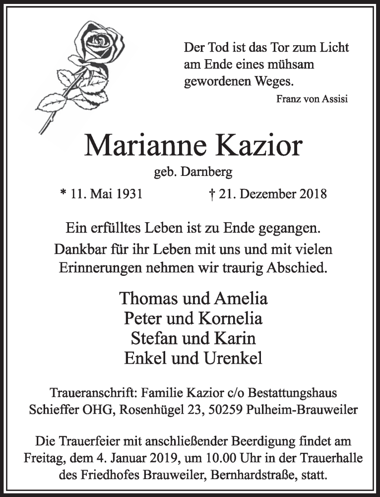  Traueranzeige für Marianne Kazior vom 29.12.2018 aus  Sonntags-Post 