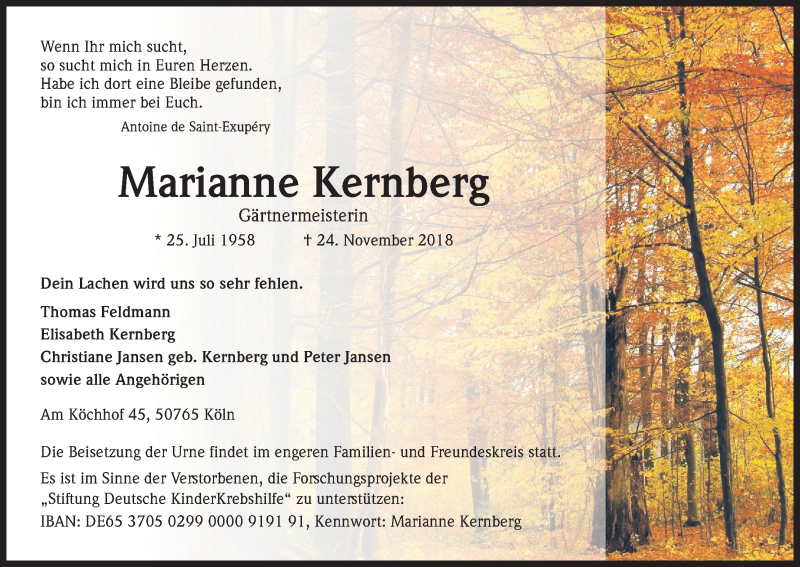  Traueranzeige für Marianne Kernberg vom 08.12.2018 aus Kölner Stadt-Anzeiger / Kölnische Rundschau / Express