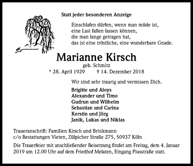  Traueranzeige für Marianne Kirsch vom 29.12.2018 aus Kölner Stadt-Anzeiger / Kölnische Rundschau / Express