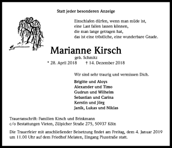 Anzeige von Marianne Kirsch von Kölner Stadt-Anzeiger / Kölnische Rundschau / Express