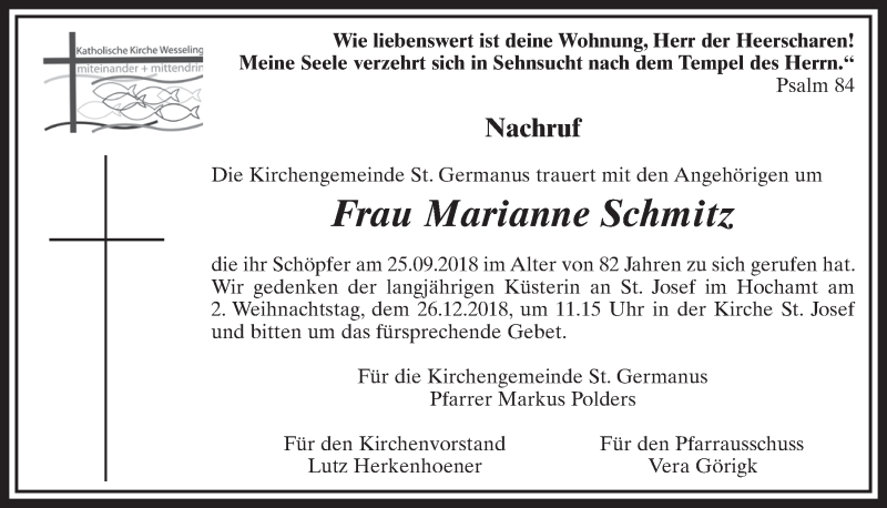 Traueranzeige für Marianne Schmitz vom 19.12.2018 aus  Schlossbote/Werbekurier 