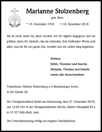 Anzeige von Marianne Stolzenberg von Kölner Stadt-Anzeiger / Kölnische Rundschau / Express
