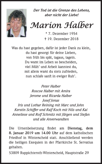 Anzeige von Marion Halber von Kölner Stadt-Anzeiger / Kölnische Rundschau / Express