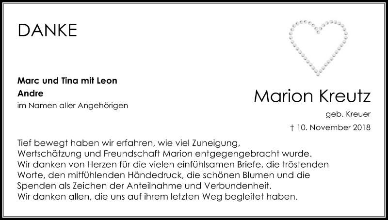  Traueranzeige für Marion Kreutz vom 08.12.2018 aus Kölner Stadt-Anzeiger / Kölnische Rundschau / Express