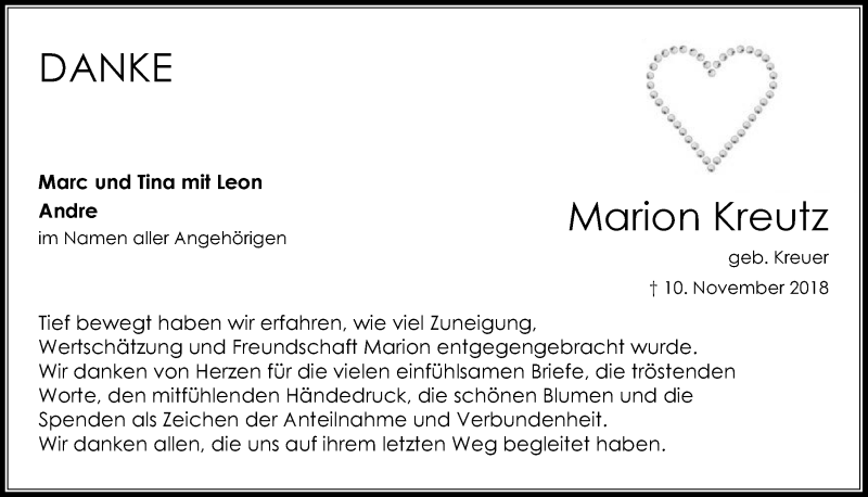  Traueranzeige für Marion Kreutz vom 12.12.2018 aus  Extra Blatt 