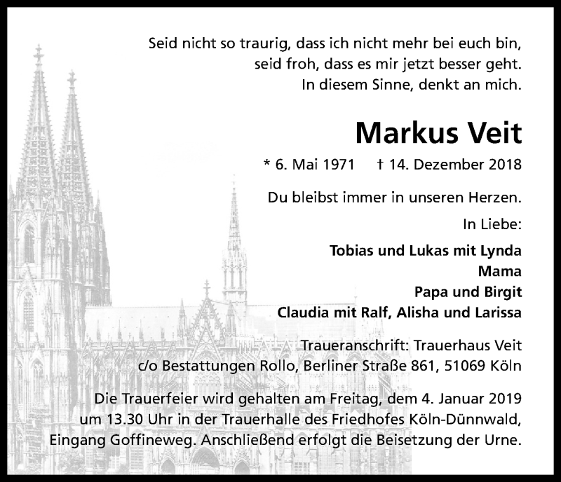  Traueranzeige für Markus Veit vom 29.12.2018 aus Kölner Stadt-Anzeiger / Kölnische Rundschau / Express