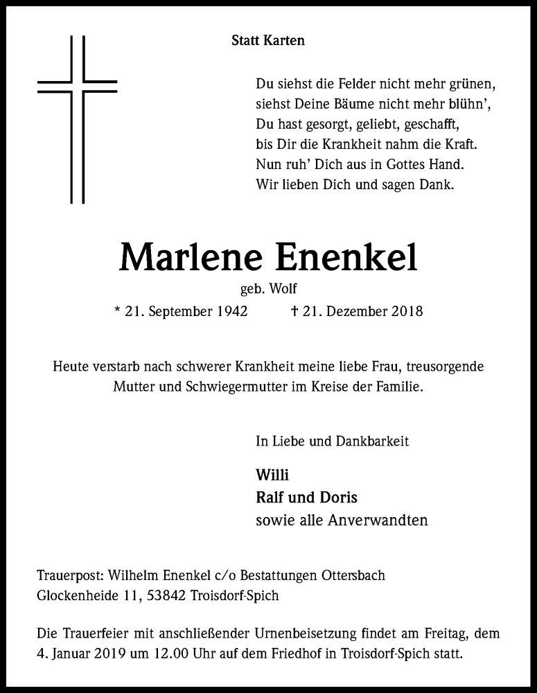  Traueranzeige für Marlene Enenkel vom 29.12.2018 aus Kölner Stadt-Anzeiger / Kölnische Rundschau / Express