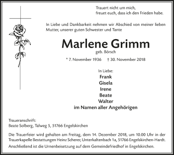 Anzeige von Marlene Grimm von  Bergisches Handelsblatt 