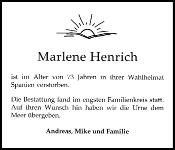 Anzeige von Marlene Henrich von Kölner Stadt-Anzeiger / Kölnische Rundschau / Express