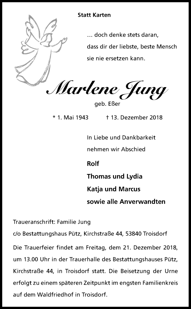  Traueranzeige für Marlene Jung vom 15.12.2018 aus Kölner Stadt-Anzeiger / Kölnische Rundschau / Express