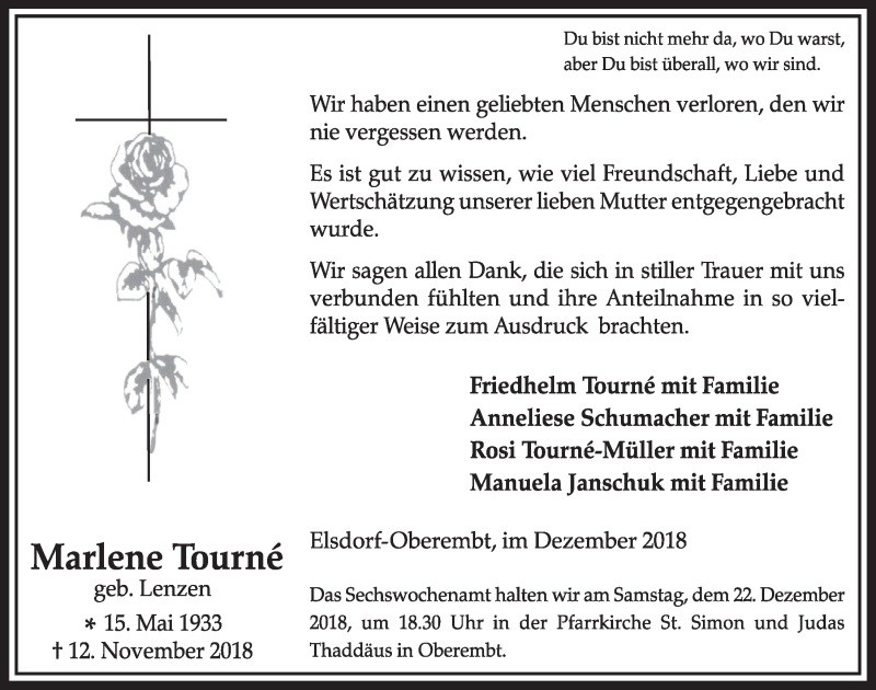 Traueranzeige für Marlene Tourne vom 15.12.2018 aus  Sonntags-Post 