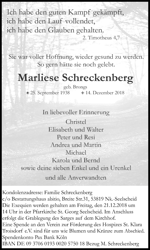  Traueranzeige für Marliese Schreckenberg vom 18.12.2018 aus Kölner Stadt-Anzeiger / Kölnische Rundschau / Express